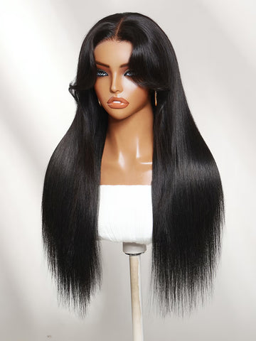 Flash Sale Klaiyi 7x5 Glueless Lace Blowout Yaki Straight Human Hair Wig with Curtain Bangs