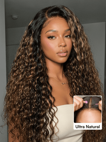 Klaiyi 7x5 No Slip Gluless Lace Closure Wig Balayage Brown Highlight Water Wave Human Hair