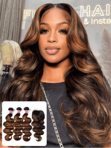 Klaiyi Balayage Hair Color 3 Bundles with Lace Closure Pre Plucked Free Part Highlights Ombre Hair Bundles Body Wave