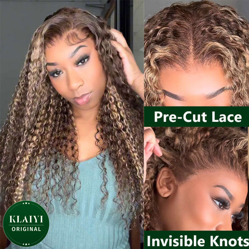 Klaiyi 13x4 Pre-Everything Honey Blonde Highlight Jerry Curly Put On and Go Wig Human Hair Lace Frontal Wig