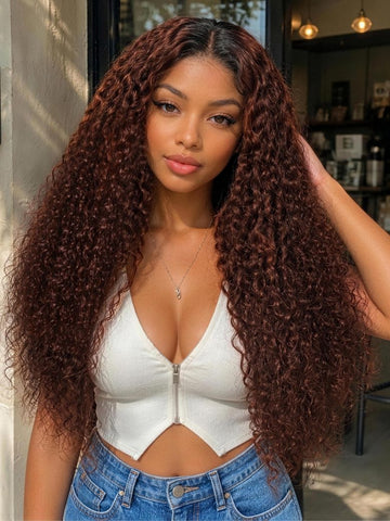 Klaiyi Auburn Re Color 13x4 Pre-Everything™ Lace Frontal Curly Wig with Dark Roots Glueless Wig