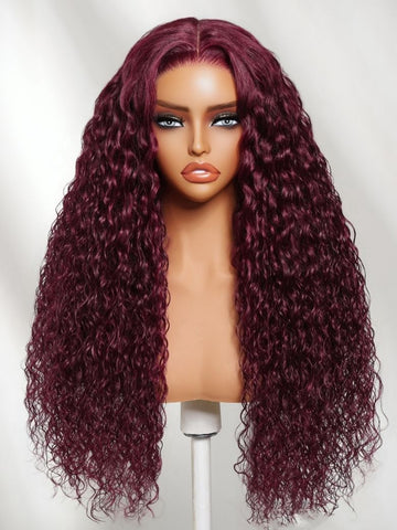 Klaiyi 99J Burgundy Water Wave Wig Long Human Hair 13x4 Glueless Lace Front Wig with Invisi Drawstring Flash Sale