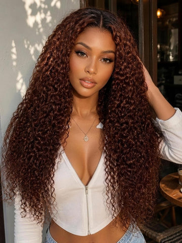 Klaiyi Auburn Re Color 13x4 Pre-Everything™ Lace Frontal Curly Wig with Dark Roots Glueless Wig