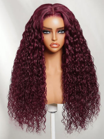 Klaiyi 99J Burgundy Water Wave Wig Long Human Hair 13x4 Glueless Lace Front Wig with Invisi Drawstring Flash Sale