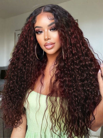 Klaiyi Auburn Re Color 13x4 Pre-Everything™ Lace Frontal Curly Wig with Dark Roots Glueless Wig