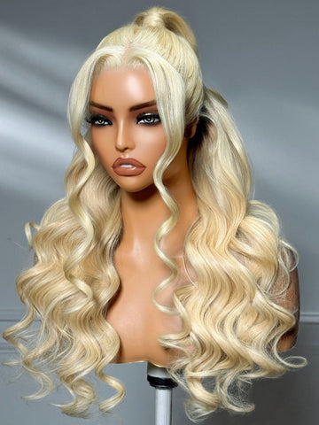 Klaiyi 613 Blonde Straight Transparent 13x4 Lace Frontal Wig Body Wave Human Hair Glueless Wig with Invisi Drawstring 180% Density