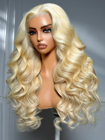 Klaiyi 613 Blonde Straight Transparent 13x4 Lace Frontal Wig Body Wave Human Hair Glueless Wig with Invisi Drawstring 180% Density