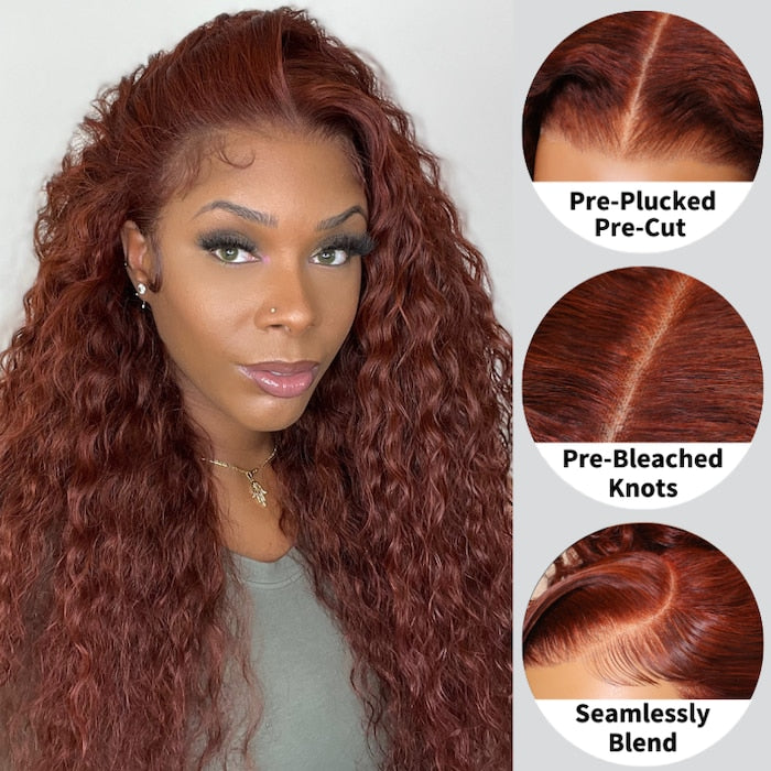 Klaiyi Reddish Brown Water Wave 13x4 Real Ear To Ear Lace Frontal Pre-Everything Wig Pre-Cut Lace Frontal Super Secure Wig