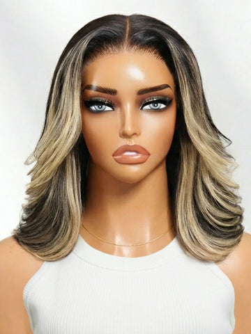 Klaiyi 7x5 No-slip Cap Glueless Lace Ash Blonde Highlight Feathered Layered Blowout Short Bob Human Hair Wig