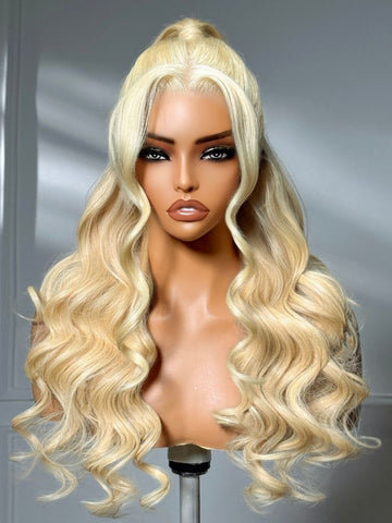 Klaiyi 613 Blonde Straight Transparent 13x4 Lace Frontal Wig Body Wave Human Hair Glueless Wig with Invisi Drawstring 180% Density