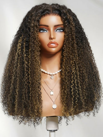 Klaiyi Honey Blonde & Caramel Highlights on Black Natural Curly Wig 7x5 Glueless Lace Front Human Hair Wig with Invisi Drawstring Flash Sale