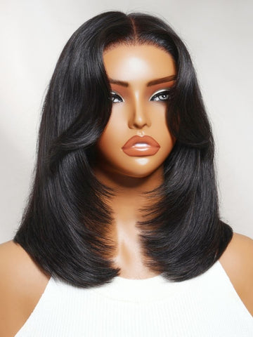 Klaiyi 7x5 No-Slip Glueless Lace Wig 90s Blowout Layered Bob with Curtain Bangs & Face-Framing Layers Human Hair Wig