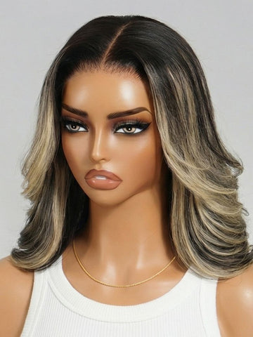 Klaiyi 7x5 No-slip Cap Glueless Lace Ash Blonde Highlight Feathered Layered Blowout Short Bob Human Hair Wig