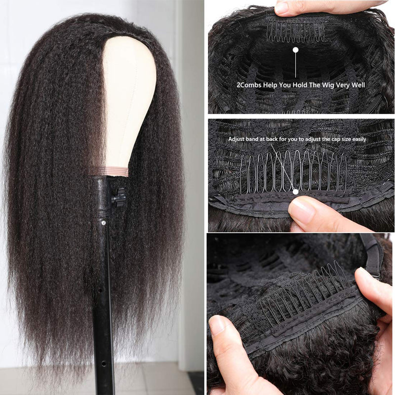 Put On and Go Style Flash Sale | Klaiyi Glueless Yaki Straight 3/4 Half Wigs Human Hair No Lace Glueless Headband Wig Beginner Friendly