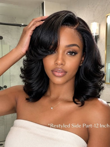 Klaiyi 7x5 No-Slip Glueless Lace Wig Soft Glam Layered Effortless Blowout Bob Human Hair Wig