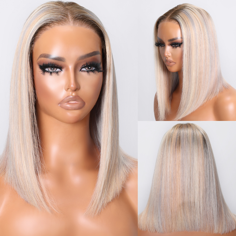 Klaiyi Platinum Blonde Highlight 6x4.75 Pre-cut Lace Glueless Put On and Go Bob Wig Human Hair Wig Grey Blonde Highlights