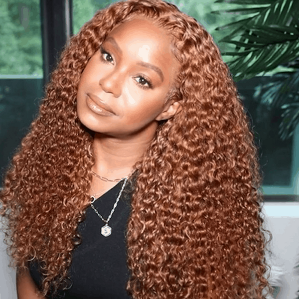 [20"=$95] 180%/150% Medium Auburn Jerry Curly Lace Wig Virgin Human Hair Ginger Color Wigs Flash Sale