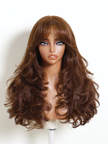 Klaiyi Auburn Brown 7x5 No-Slip Glueless Wig Body Wave with Face-Framing Layers & Wispy Bangs