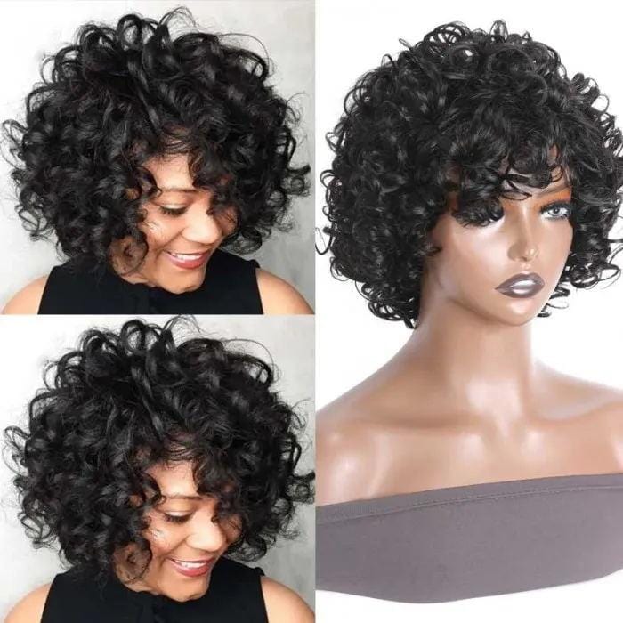 Buy 1 Get 1 Free,Code:BOGO | Klaiyi Bouncy Curls Short Human Hair Wigs with Bangs Glueless Pixie Cuts Wigs