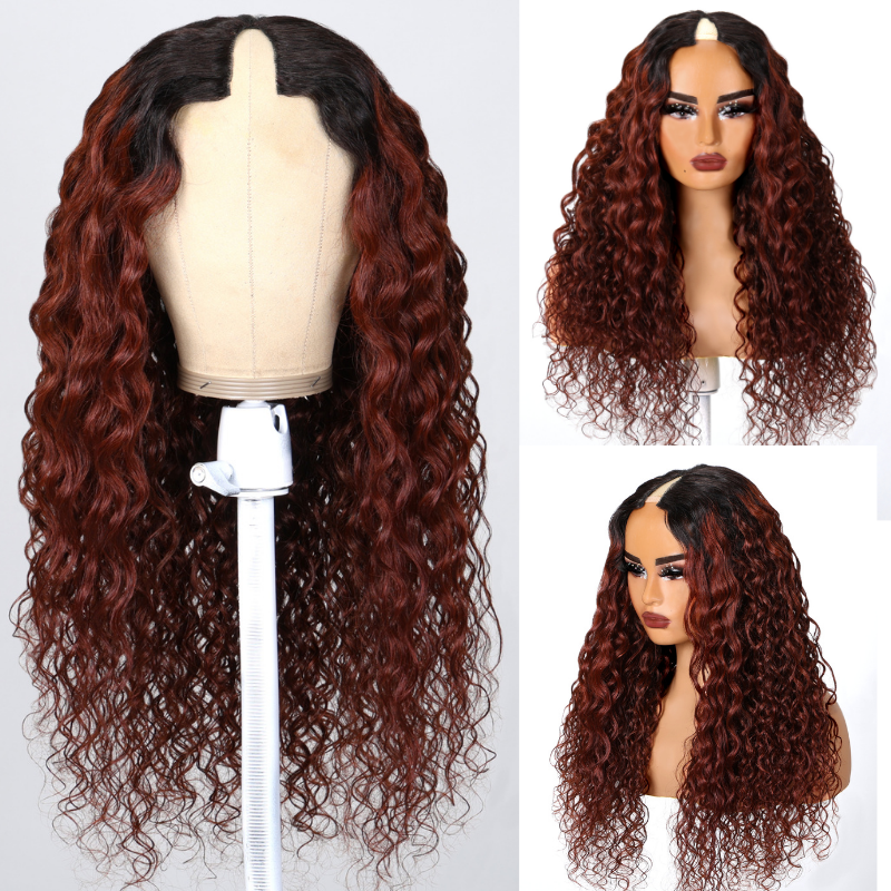 BOGO FREE | Klaiyi Exclusive Offer 4x4 Lace Closure 200% Density Fumi Curly Bob Wig And Dark Root Reddish Brown Water Wave V Part Wigs Flash Sale