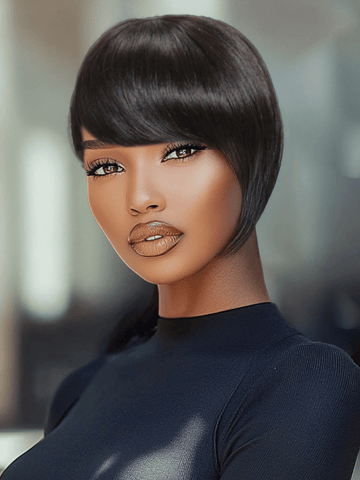 Down To $39 | Klaiyi Short Bob Wigs with Bang Pixie Cut Human Hair Wig Machine Made Natural Black Color Glueless Human Hair Wig Flash Sale