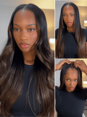 Klaiyi Yaki Straight EasiContour V Part Wigs Human Hair Ombre Chestnut Brown Color Clip in No Sew in No Glue Upgrade U Part Human Hair Wig