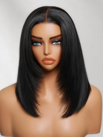 Klaiyi Full Lace Wig Straight Short Bob Human Hair Wig with Face-Framing Layers