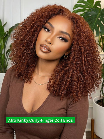 Klaiyi 7x5 Bye Bye Knots Glueless Reddish Brown Burmese Curly Human Hair Wig with Finger Coil Ends Put On & Go