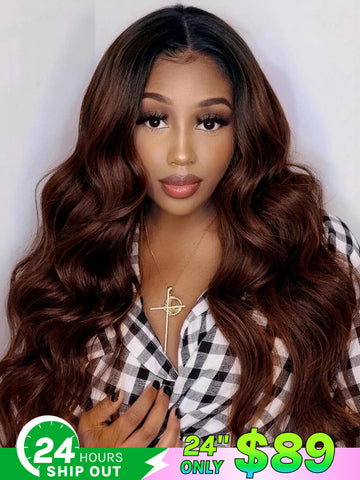 Klaiyi Bleand Natural V Part Wig Reddish Brown With Dark Roots Body Wave Human Hair Wigs