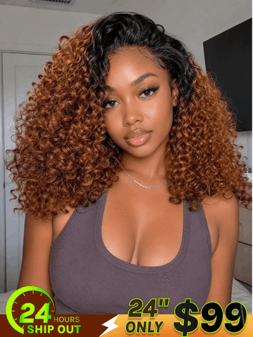 Klaiyi MeltLine™ Half Wig 3/4 Flip Over Black to Copper Brown Ombre Curly Half Wig Flash Sale