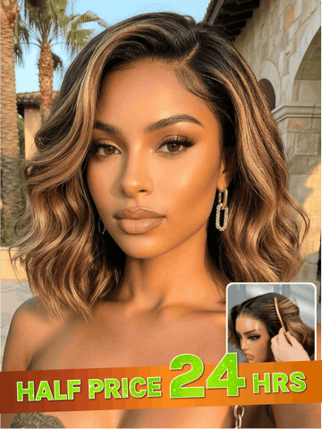 Peluca Klaiyi Bob Francés Balayage Castaño con Rizos Sueltos de Longitud Hombro 7x5 & 13x4 Sin Adhesivo de Encaje con Cuerda Invisi