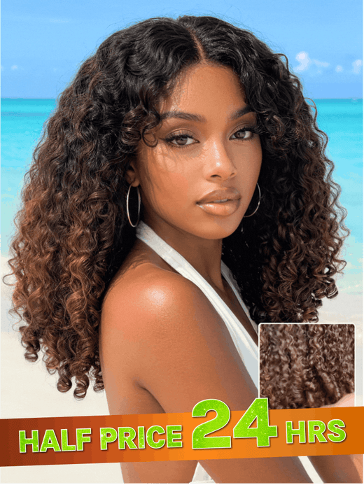 Peluca Rizada Birmana Castaña Ombre Klaiyi 7x5 con Puntas de Rizo, Listo para Usar, Sin Pegamento, Cabello Humano con Cuerda Invisi