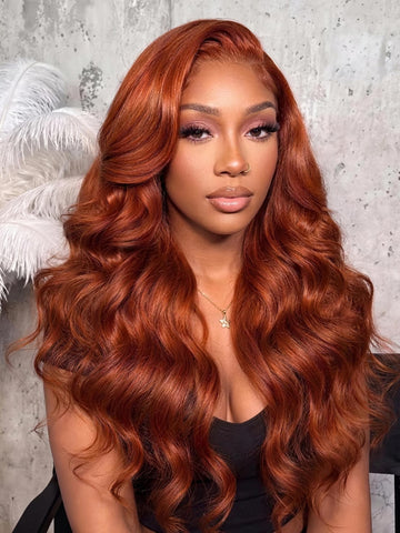 Klaiyi Dark Copper Auburn Body Wave Wig 7x5 No-Slip Glueless Lace Human Hair Wig with Invisi Drawstring