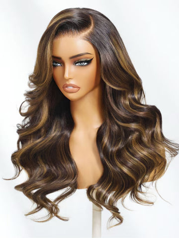 Klaiyi Brown Balayage Highlight 7x5 Bye Bye Knots Glueless Lace Body Wave Wig with Face Framing Layers
