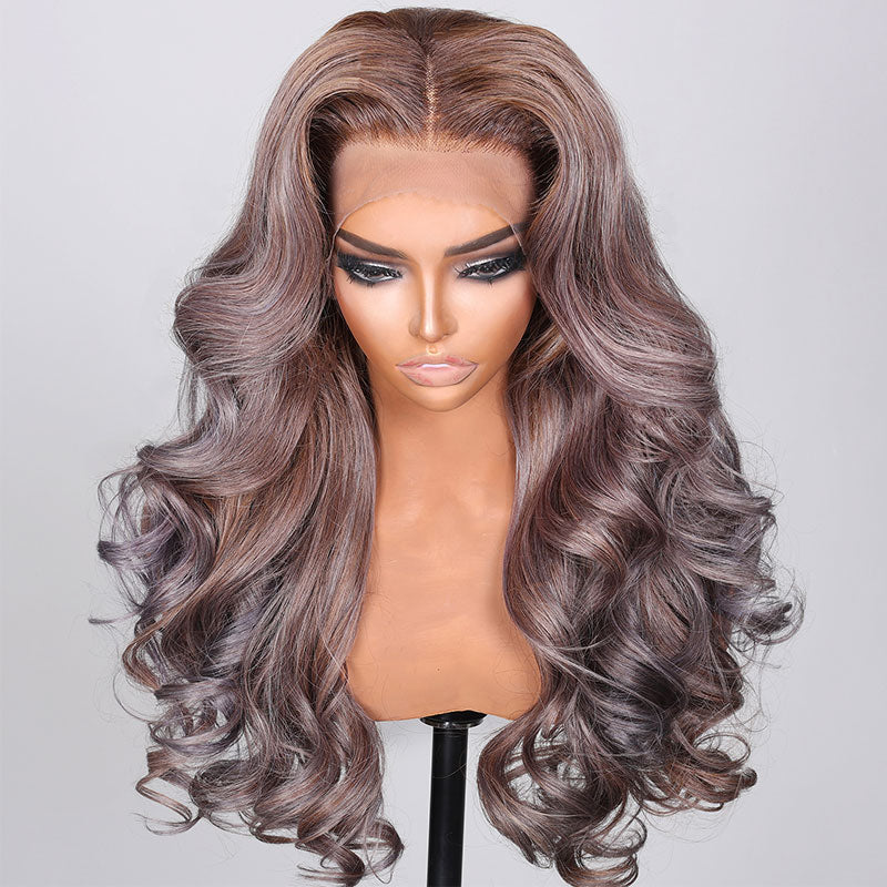 Klaiyi 13*4 Brown Roots with Punky Gray Highlights Skunk Strip Hair Body Wave  Wigs Flash Sale