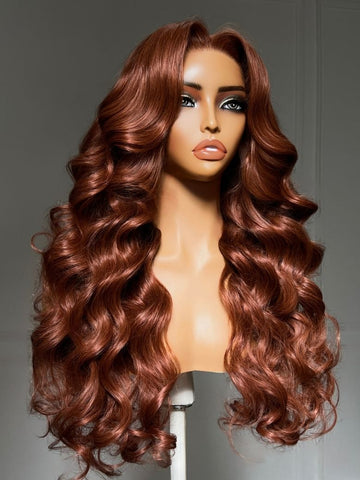 Klaiyi Copper Brown Body Wave Wig 7x5 No-Slip Glueless Lace Human Hair Wig with Invisi Drawstring