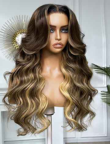 Klaiyi 7x5 No-Slip Glueless Chocolate Brown Honey Blonde Highlight Loose Wave Wig Layered Human Hair Wig with Curtain Bangs