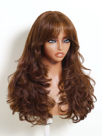 Klaiyi Auburn Brown 7x5 No-Slip Glueless Wig Body Wave with Face-Framing Layers & Wispy Bangs