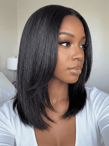 Klaiyi 7x5 No Slip Gluleless Lace Wig Yaki Straight Short Bob Human Hair Wig with Face-Framing Layers