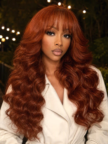 Klaiyi Dark Copper Auburn Body Wave Wig 7x5 No-Slip Glueless Lace Human Hair Wig with Face Framing Curtain Bangs
