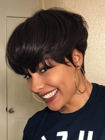 Down To $39 | Klaiyi Short Bob Wigs with Bang Pixie Cut Human Hair Wig Machine Made Natural Black Color Glueless Human Hair Wig Flash Sale
