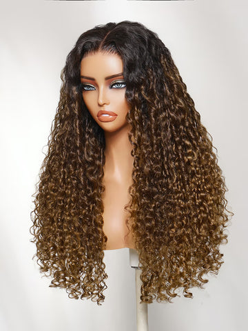Flash Sale Klaiyi 7x5 Bye Bye Knots Lace Closure Wig Sun-kissed Ombre Honey Brown Tight Spiral Bounce Curls Humair Wig
