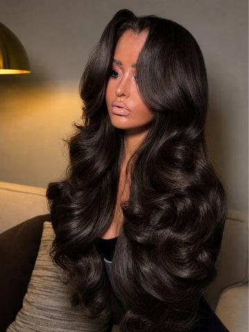 Peluca de ondas corporales Klaiyi de marrón cobre 7x5, peluca de encaje sin deslizamiento de cabello humano con cordón Invisi