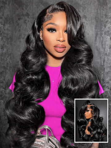 Klaiyi Hair HD Real Scalp™ Wig with Curtain Bangs 13x4 Invisible Lace Frontal Body Wave Wig Natural Black Color