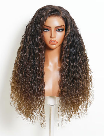 Klaiyi 13x4 Pre-Everything Lace Frontal Black to Chestnut Brown Ombre Loose Water Wave Human Hair Wig