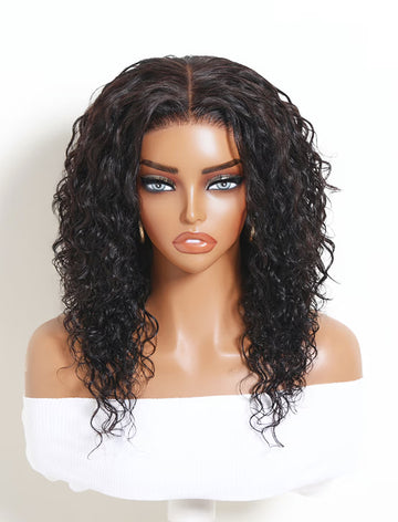 Klaiyi 7x5 No Slip Glueless Lace Closure Wig Natural Black Water Wave Wolf Cut Wig With Face-Framing Layers