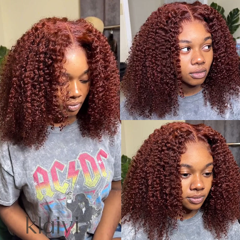 Klaiyi  Put On and Go Pre-Cut Gluesless Auburn Brown Color Wig With Baby Hair Kinky Curly 200% density Human Hair