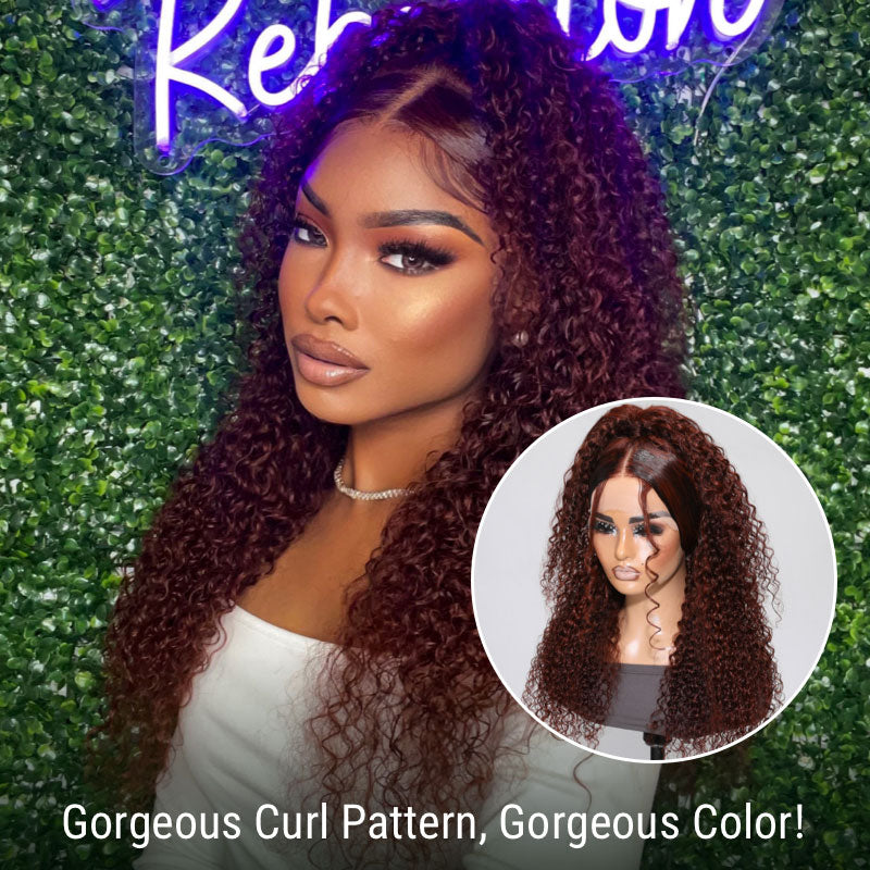 New Trendy Klaiyi Balayage Blonde Highlights Curly Lace Front Wig/Reddish Brown Curly Lace Wig Flash Sale