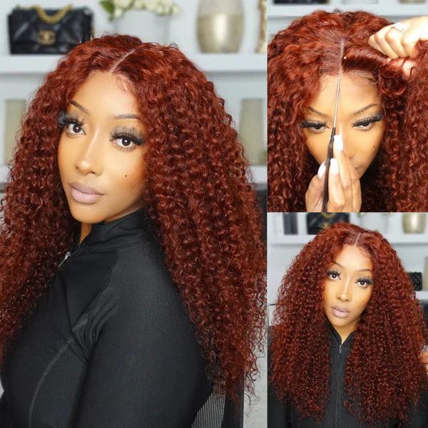 Klaiyi Pre-Cut Lace 200% Density Wig Put On and Go Reddish brown Jerry Curly Wig