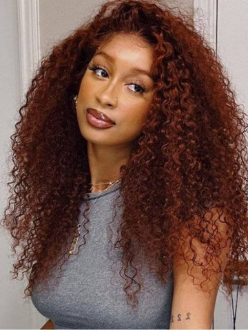Klaiyi 7x5 Reddish Brown Jerry Curl Put on & Go Wig with Bleach Knots Flash Sale